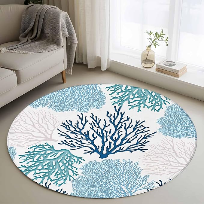 Washable Round Area Rug Classic Sea Blue Coral Circle Rugs Floor Carpet for Living Room Bedroom, Abstract Marine Life Scenery Soft Non Slip Round Rug 4ft