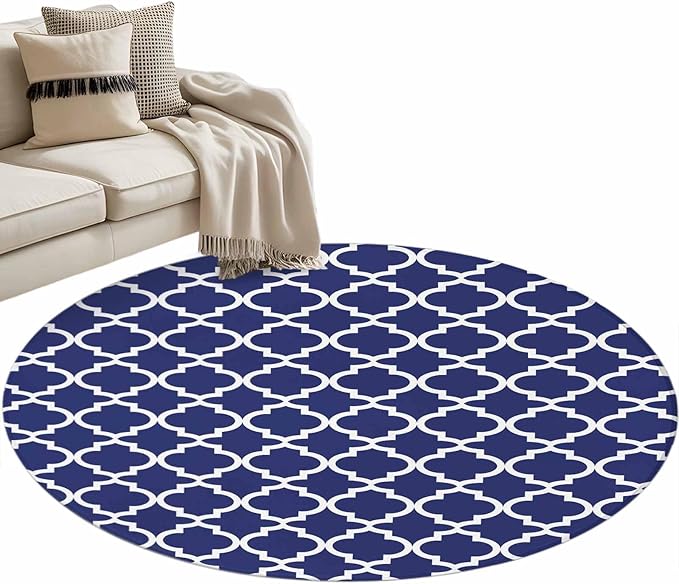 Washable Round Area Rug Navy Blue Moroccan Plaid Circle Rugs Floor Carpet for Living Room Bedroom, White Line Buffalo Lattice Soft Non Slip Round Rug 3ft