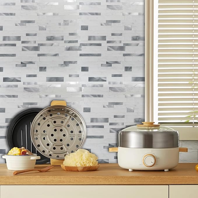 WEIMEISC 10 Sheets Peel and Stick Backsplash Tile for Kitchen, Self-Adhesive Mosaic Tile, Stick on Bathroom Vanities，Fireplace Décor, Laundry Table (White + Silver)