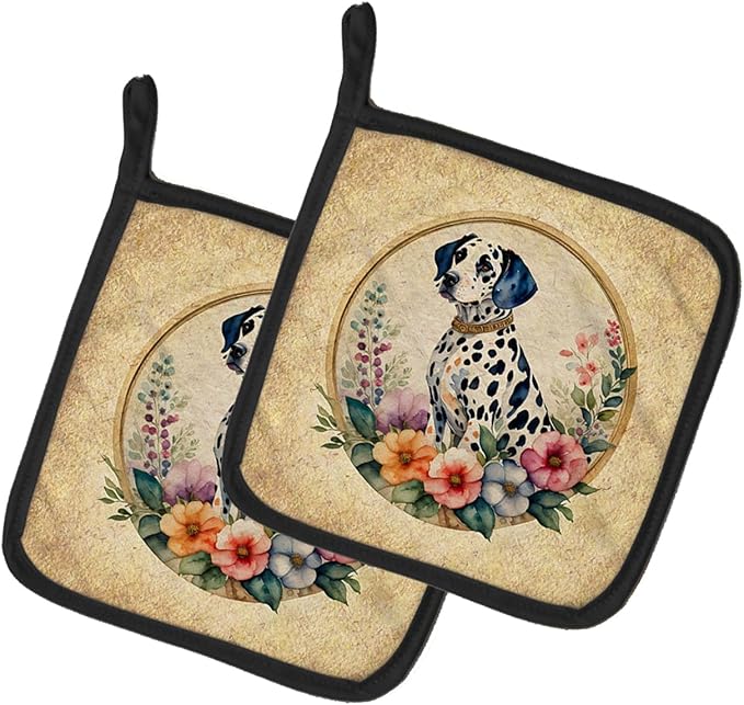 Caroline's Treasures Dalmatian and Flowers Pair of Pot Holders Kitchen Heat Resistant Pot Holders Sets Oven Hot Pads for Cooking Baking BBQ, 7 1/2 x 7 1/2