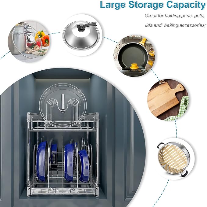 TQVAI Pots and Pans Organizer, Full-Extension Pull Out Cabinet Organizer, Slide Out Drawers for Kitchen Cabinets with Adjustable Dividers, Request at Least 15.5" W x 23.5" D x 23.5" H Opening - Chrome
