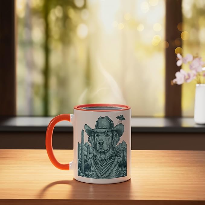 Cowboy Golden Retriever With Ufo Western Dog Art Ceramic Mug, Orange/White