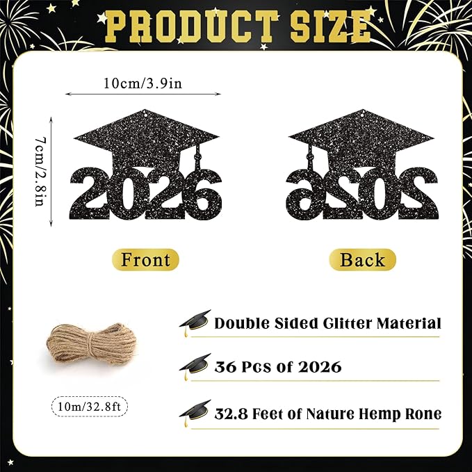 2026 Graduation Party Decorations - 36Pcs Graduation Cutouts Tags Black Glitter 2026 Numbers for Graduation Table Centerpieces Class of 2026 Cutouts for Graduation Party Supplies Favors