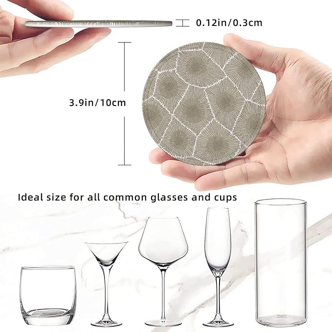 Petoskey Stone Leather Drinks Coasters with Holder, Set of 6, Suitable for Various Cups