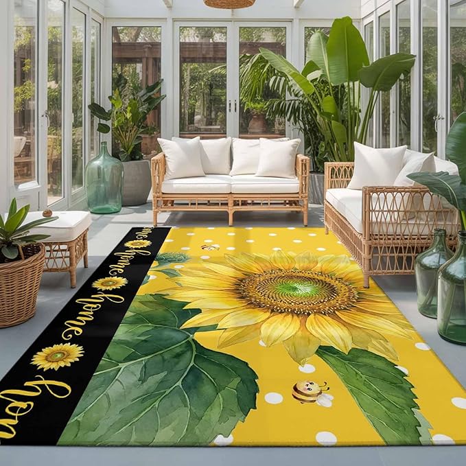 Area Rug 3x5ft, Summer Watercolor Sunflowers Bees Washable Rugs for Living Room Bedroom, Farmhouse Floral Art Soft Non-Slip Area Rugs Rectangle Floor Carpet for Dining Room