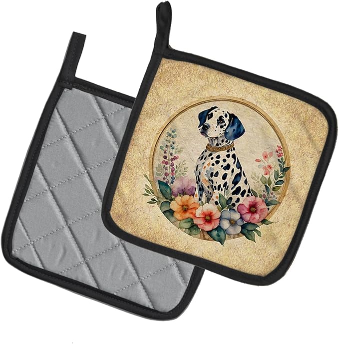 Caroline's Treasures Dalmatian and Flowers Pair of Pot Holders Kitchen Heat Resistant Pot Holders Sets Oven Hot Pads for Cooking Baking BBQ, 7 1/2 x 7 1/2