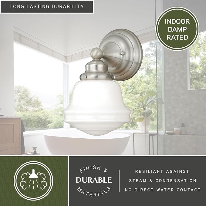 VAXCEL Huntley 1-Light 6.75 inch Wide Satin Nickel Farmhouse Bathroom Vanity Lighting Fixture, White Schoolhouse Milk Glass Globe Shade, Dimmable, LED Compatible, Wall Mounted Steel Sconce