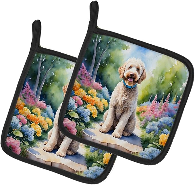 Caroline's Treasures Labradoodle Spring Path Pair of Pot Holders Kitchen Heat Resistant Pot Holders Sets Oven Hot Pads for Cooking Baking BBQ, 7 1/2 x 7 1/2
