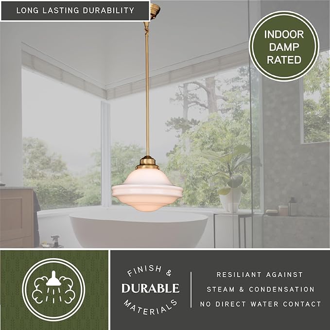 VAXCEL Huntley 12 inch Adjustable Semi-Flush Ceiling Pendant Light, Farmhouse Schoolhouse Style, Natural Brass Finish, White Milk Glass, Dimmable E26 Bulb Compatible, Damp Rated