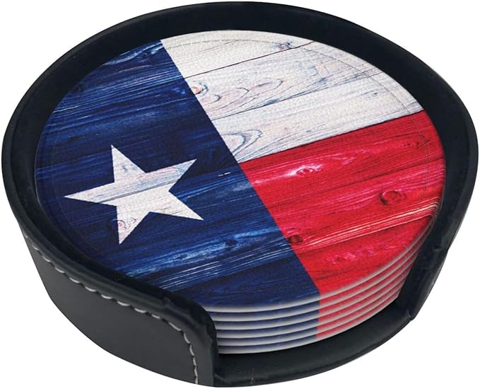 Texas Flag Wooden Leather Drinks Coasters with Holder, Set of 6, Suitable for Various Cups