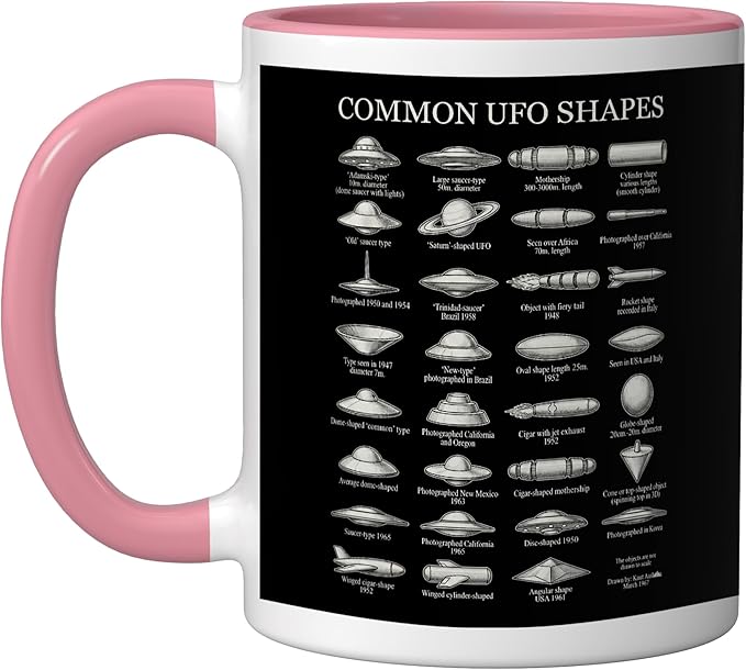 Common UFO Shapes Vintage Chart Alien Flying Saucer Ceramic Mug, Pink/White