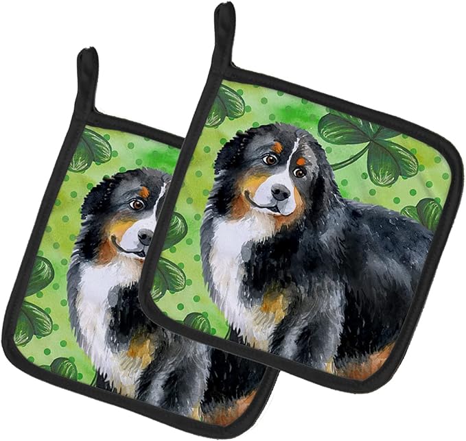 Caroline's Treasures BB9819PTHD Bernese Mountain Dog St Patrick's Pair of Pot Holders, Green Kitchen Heat Resistant Pot Holders Sets Oven Hot Pads for Cooking Baking BBQ, 7 1/2 x 7 1/2