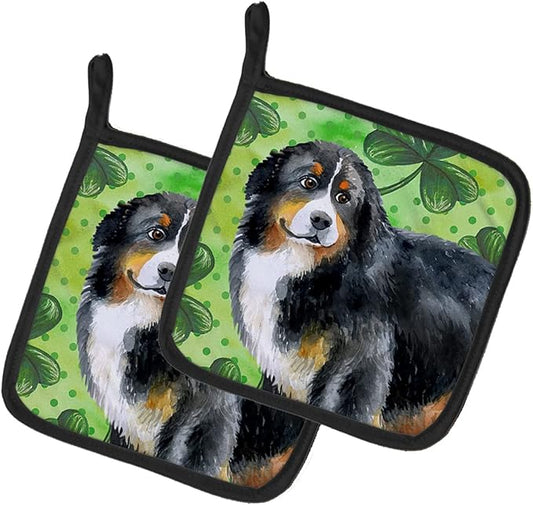 Caroline's Treasures BB9819PTHD Bernese Mountain Dog St Patrick's Pair of Pot Holders, Green Kitchen Heat Resistant Pot Holders Sets Oven Hot Pads for Cooking Baking BBQ, 7 1/2 x 7 1/2