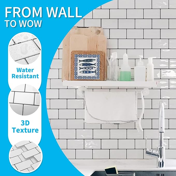 Art3d 10-Sheet Peel and Stick Backsplash Tile, Vinyl Stick on Wall Tile for Kitchen Bathroom Laundry Room, Subway Design 12" x 12" - White with Black Grout