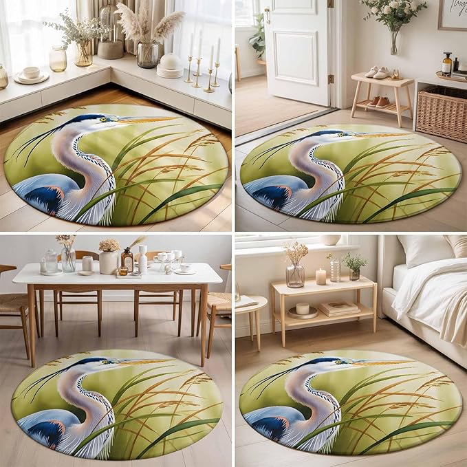 Washable Round Area Rug Natural Bird Wetland Landscape Circle Rugs Floor Carpet for Living Room Bedroom, Wild Heron Grass Soft Non Slip Round Rug 5ft