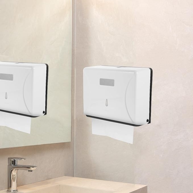 Tofficu Punch-Free Wall-Mounted Paper Towel Dispenser with Adhesive, Bathroom Tissue Holder for Kitchen Office Home, White Multifunctional Touchless Tissue Box for Commercial and Household