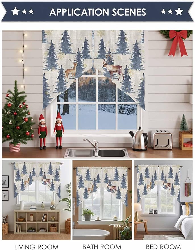 Christmas Deer Swag Valance Curains Elk in Forest Blue Trees Snowflake Linen Sole Rod Pocket Kitchen Curtains Scalloped Window Treatment Valances Swag for Living Room Bedroom, 1 Pair, 36"W x 45"L