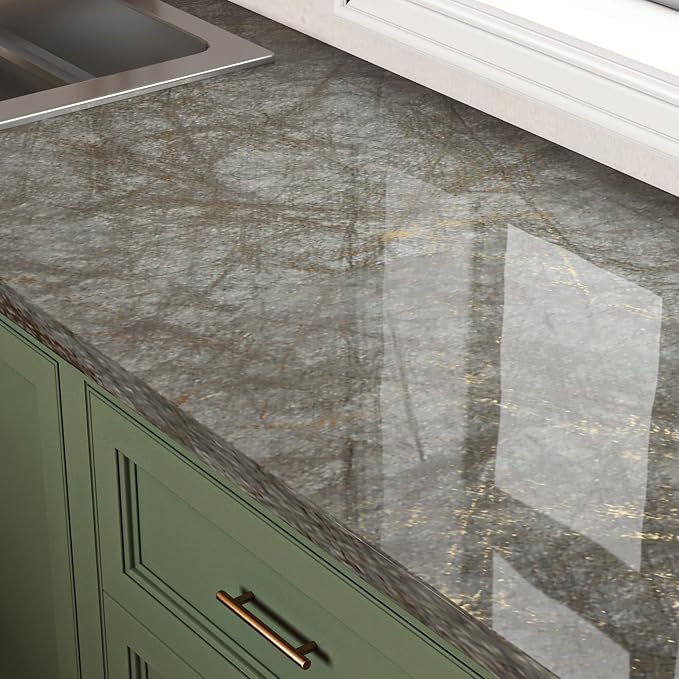 Livelynine 15.8x197 Laminate Countertop Contact Paper Green and Gold Marble Wallpaper Peel and Stick Countertops Kitchen Counter Top Covers Waterproof Backsplash Desk Wrap Vinyl Marble Table Cover