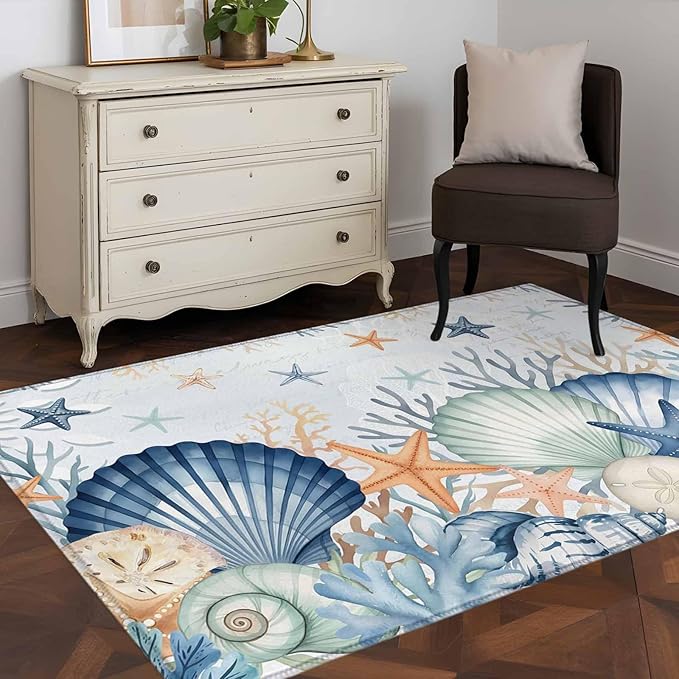 Area Rug 3x5ft, Underwater Shells Starfish on Blue Washable Rugs for Living Room Bedroom, Colorful Coral Soft Non-Slip Area Rugs Rectangle Floor Carpet for Dining Room