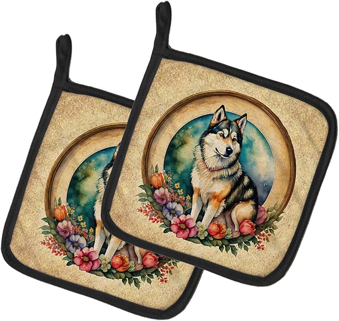 Caroline's Treasures Alaskan Malamute and Flowers Pair of Pot Holders Kitchen Heat Resistant Pot Holders Sets Oven Hot Pads for Cooking Baking BBQ, 7 1/2 x 7 1/2