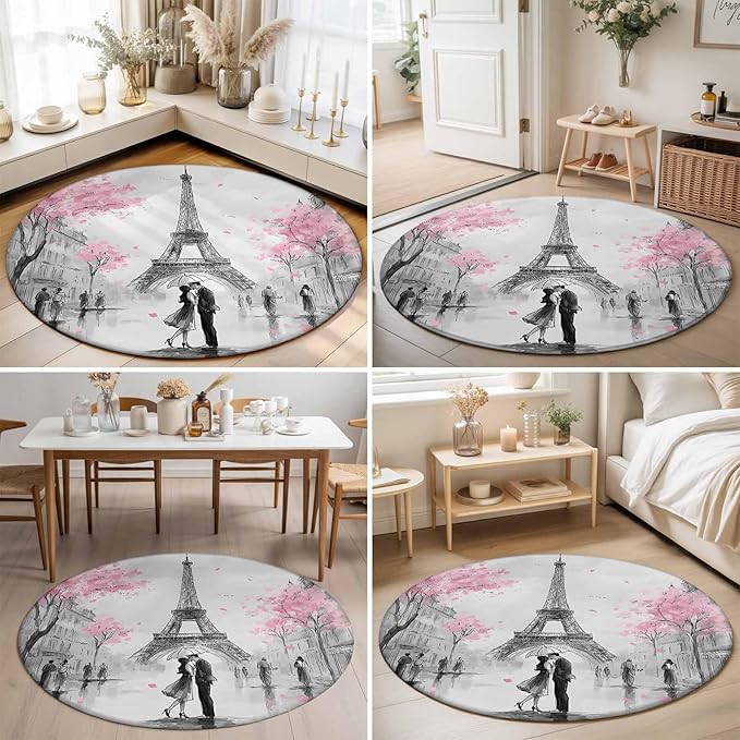 Washable Round Area Rug Vintage Towel Couple Pink Flower Circle Rugs Floor Carpet for Living Room Bedroom, Watercolor Modern City Scene Soft Non Slip Round Rug 3ft