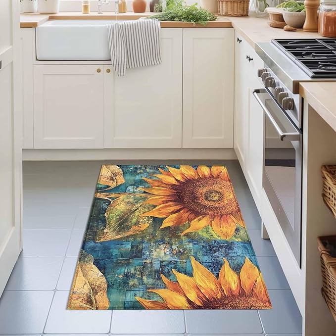 Area Rug 2x3ft, Rustic Golden Sunflower on Teal Blue Washable Rugs for Living Room Bedroom, Abstract Floral Soft Non-Slip Area Rugs Rectangle Floor Carpet for Dining Room