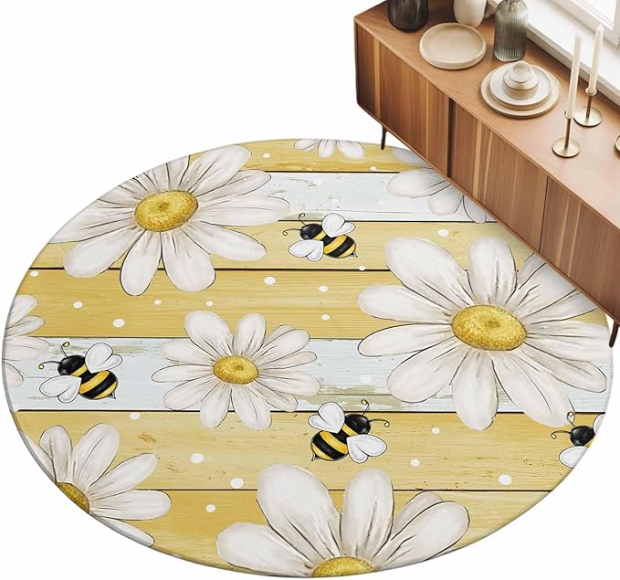 Washable Round Area Rug Summer Rustic Daisy Flower Bee Circle Rugs Floor Carpet for Living Room Bedroom, Blossom Floral Yellow Wooden Soft Non Slip Round Rug 5ft