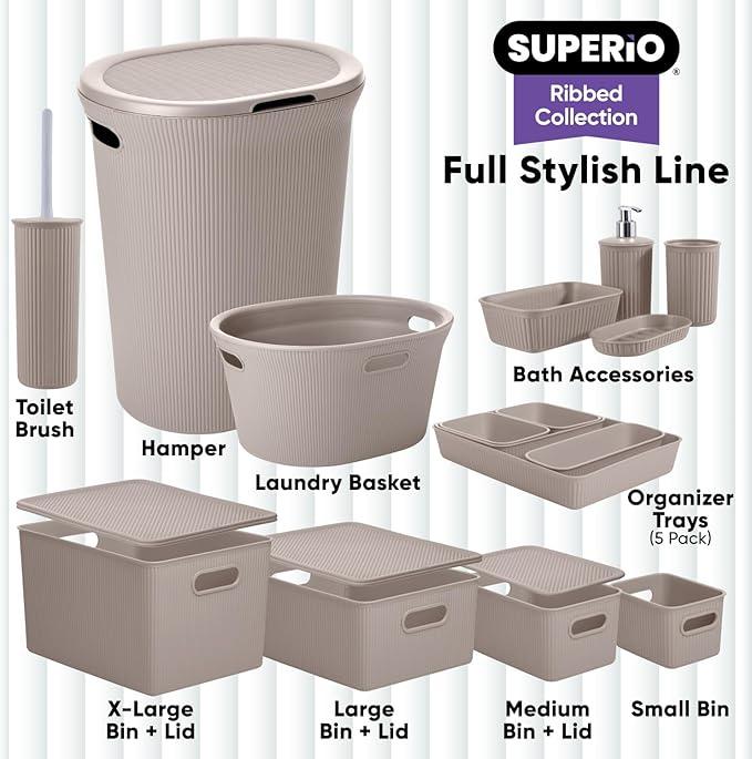 Superio Ribbed Collection - Decorative Plastic Basket Open Home Storage Bins Organizer, Small Taupe (6 Pack) Container Boxes for Organizing Closet Storage Bins for Shelves Drawer Shelf 1.5 Liter