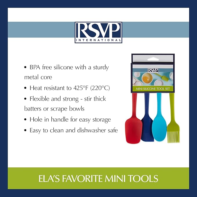 RSVP International Ela Series Mini Spatula Set for Cooking & Baking Silicone Rubber Scraper, Great Tool for Kids, Spoon, Spatula & Brush, 4 Piece Set, Assorted Colors, 4 Count