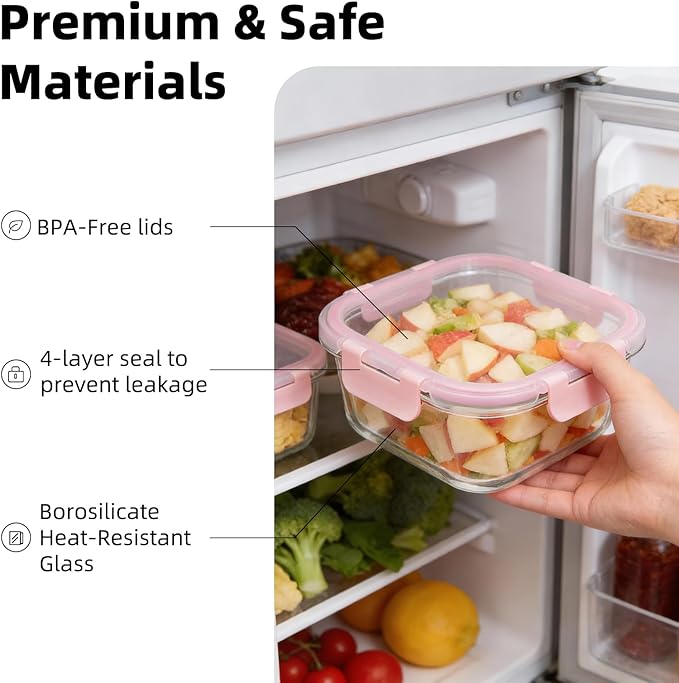 Konokyo Square Glass Food Storage Containers with Lids, 24 Pack Airtight Leakproof Meal Prep Containers, BPA-Free, Microwave Oven Freezer & Dishwasher Safe, Assorted Sizes