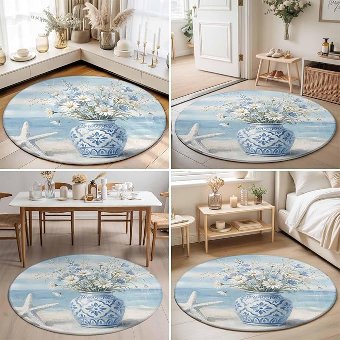 Washable Round Area Rug Summer Beach Starfish Flower Circle Rugs Floor Carpet for Living Room Bedroom, Marine Theme Daisy Vase Soft Non Slip Round Rug 3ft