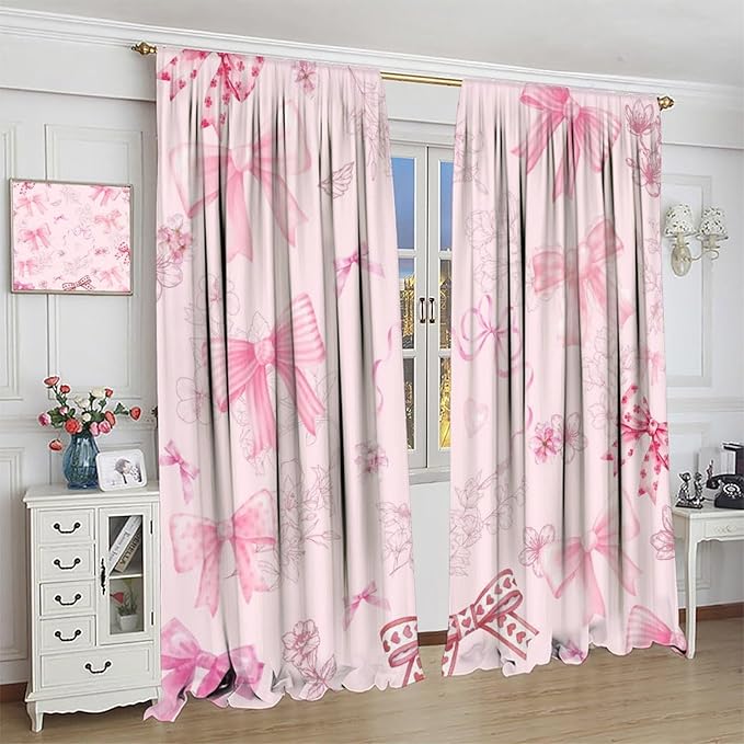 Pink Bow Blackout Curtain,Girly Kids Flower Fashion Floral Cute Bownot Modern Window Curtains for Dining Room Living Room Kitchen Cafe Bedroom Office Drapes,52x84 in