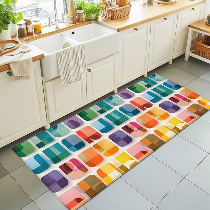 Runner Rug for Bedroom Hallway, Modern Geometric Squares Kitchen Runner Rugs Area Rug 2x6ft, Colorful Abstract Art Washable Soft Floor Carpet for Entryway Stair