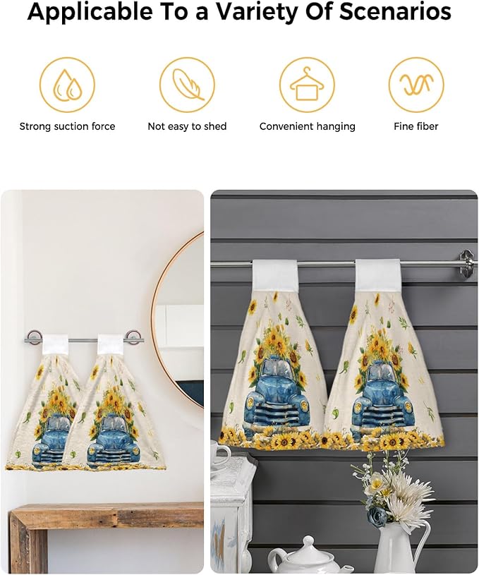 Alandar Home Kitchen Tie Towel Set of 2, Spring Farm Sunflower Blue Truck Absorbent Soft Hand Towels for Bathroom Hanging Towels, Blossom Floral on Linen Fast Drying Cleaning Cloth with Loop