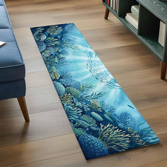 Runner Rug for Bedroom Hallway, Underwater World Coral Seaweed Kitchen Runner Rugs Area Rug 2x6ft, Seafloor Ocean Life Fish Washable Soft Floor Carpet for Entryway Stair