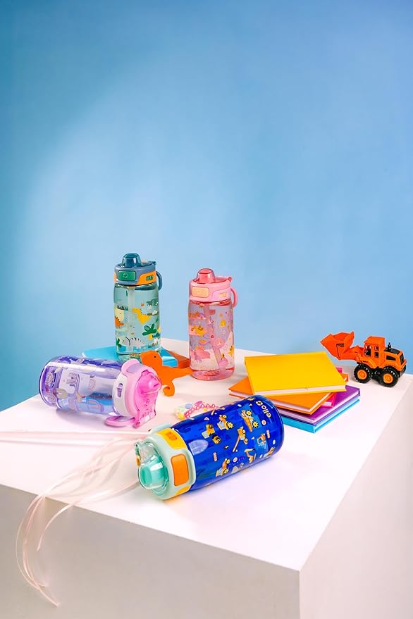 Ello Kids Pop & Fill 16oz Tritan Plastic Water Bottle with Quick Fill Technology, Leak Proof Locking Lid, Sip & Chug, BPA Free, Dishwasher Safe, For School, Lunchboxes, Construction