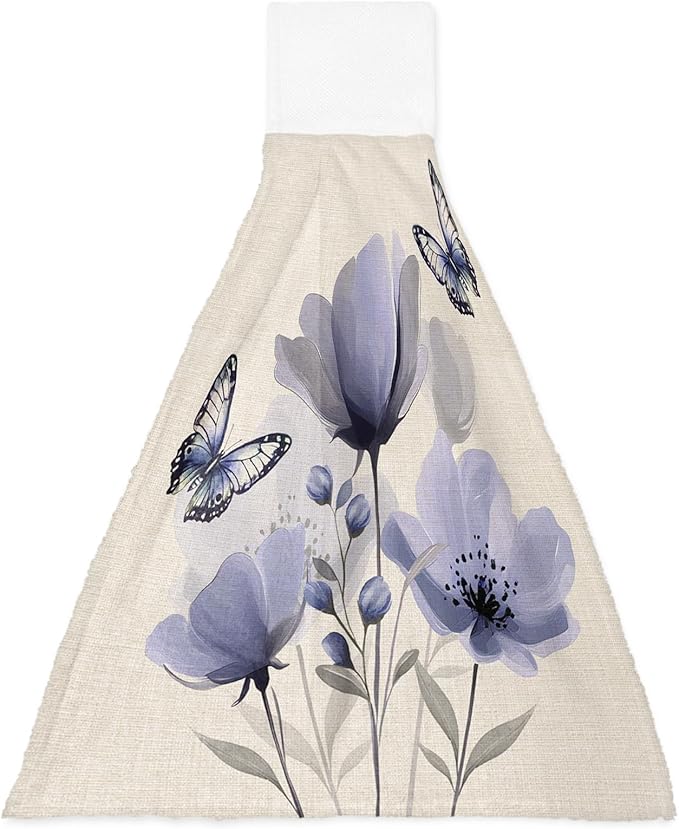 Alandar Home Kitchen Tie Towel Set of 1, Watercolor Purple Flowers Butterfly Absorbent Soft Hand Towels for Bathroom Hanging Towels, Blossom on Vintage Linen Fast Drying Cleaning Cloth with Loop