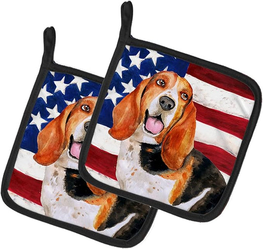 Caroline's Treasures BB9704PTHD Basset Hound Patriotic Pair of Pot Holders Kitchen Heat Resistant Pot Holders Sets Oven Hot Pads for Cooking Baking BBQ, 7 1/2 x 7 1/2