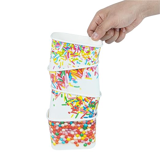 Restaurantware Paper Cups 200 Count 12 Ounce Square Disposable Ice Cream Containers, Leak-Resistant Paper Dessert To Go Cups, Hot And Cold Food, Durable Assorted Sprinkles Design