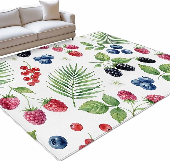 Area Rug 3x5ft, Farm Fruit Berry Cherry Blueberry Washable Rugs for Living Room Bedroom, Watercolor Mulberry Leaves Soft Non-Slip Area Rugs Rectangle Floor Carpet for Dining Room