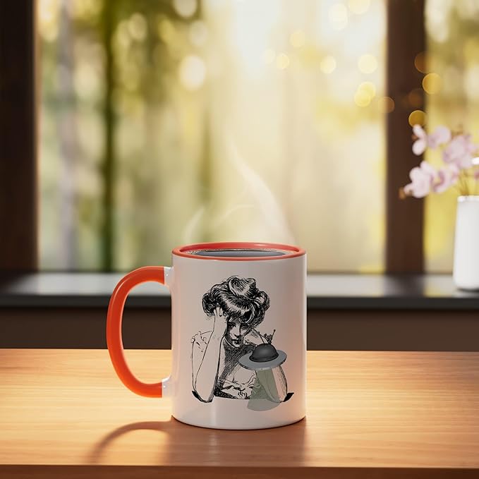 Girl with Alien Flying Saucer UFO Ceramic Mug, Orange/White