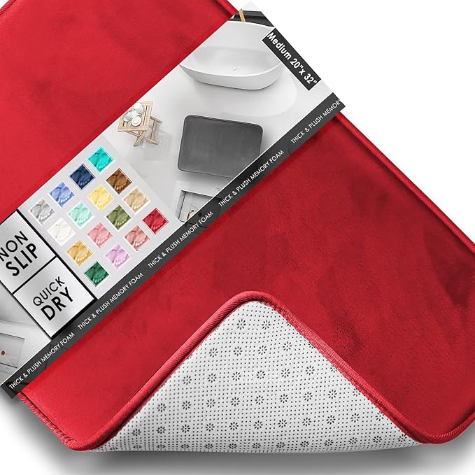 Clara Clark Bathroom Rugs, Velvet Memory Foam Bath Mat, Non-Slip, Machine Washable Bath Rugs - Dries Quickly, Ultra Soft Plush Bath Mats for Bathroom, 20 x 32, Burgundy Red