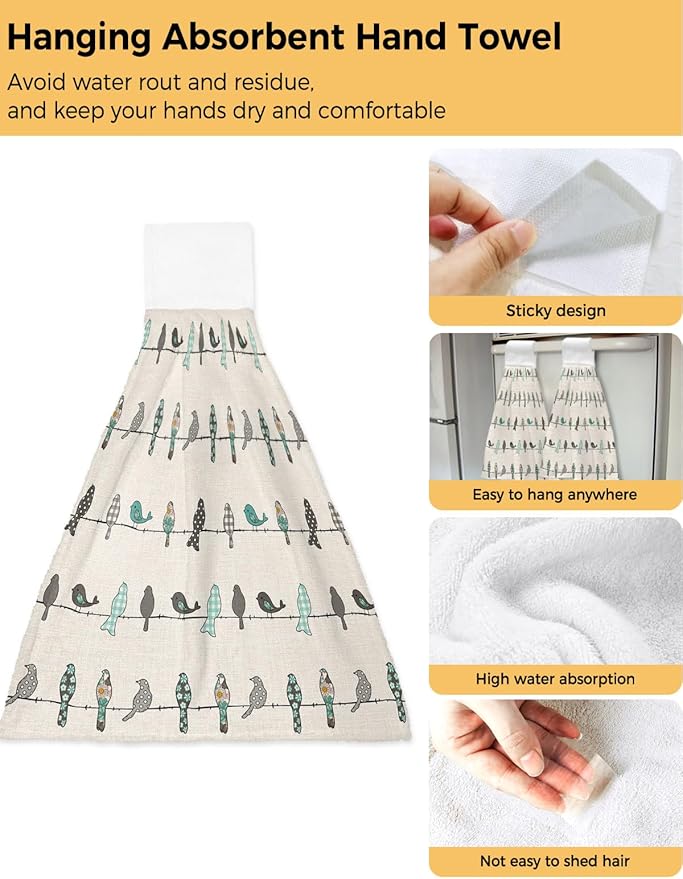 Alandar Home Kitchen Tie Towel Set of 1, Buffalo Check Floral Texture Bird Animal Absorbent Soft Hand Towels for Bathroom Hanging Towels, Vintage Burlap Cotton Fast Drying Cleaning Cloth with Loop