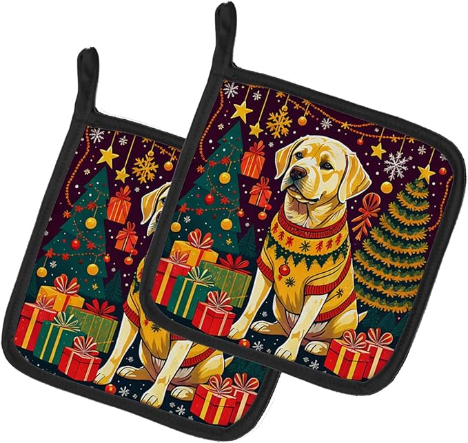 Caroline's Treasures Yellow Labrador Retriever Christmas Pair of Pot Holders Kitchen Heat Resistant Pot Holders Sets Oven Hot Pads for Cooking Baking BBQ, 7 1/2 x 7 1/2