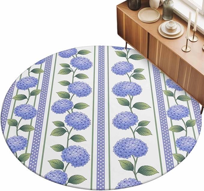 Washable Round Area Rug Garden Purple Hydrangea Flower Circle Rugs Floor Carpet for Living Room Bedroom, Watercolor Floral Leaves Soft Non Slip Round Rug 5ft
