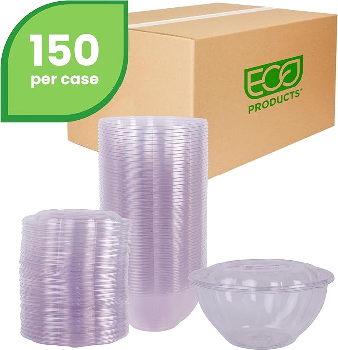ECO PRODUCTS Compostable Clear PLA Plastic 32oz Salad Bowl With Lid, Case of 150, Grab 'n' Go Round Cold Takeout Food Containers, Renewable Plant-Based, Disposable, ASTM Compliant, BPI-Certified