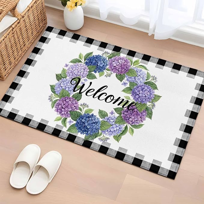 Area Rug 2x3ft, Summer Hydrangea Leaf Washable Rugs for Living Room Bedroom, Purple Blue Flower Buffalo Check Soft Non-Slip Area Rugs Rectangle Floor Carpet for Dining Room