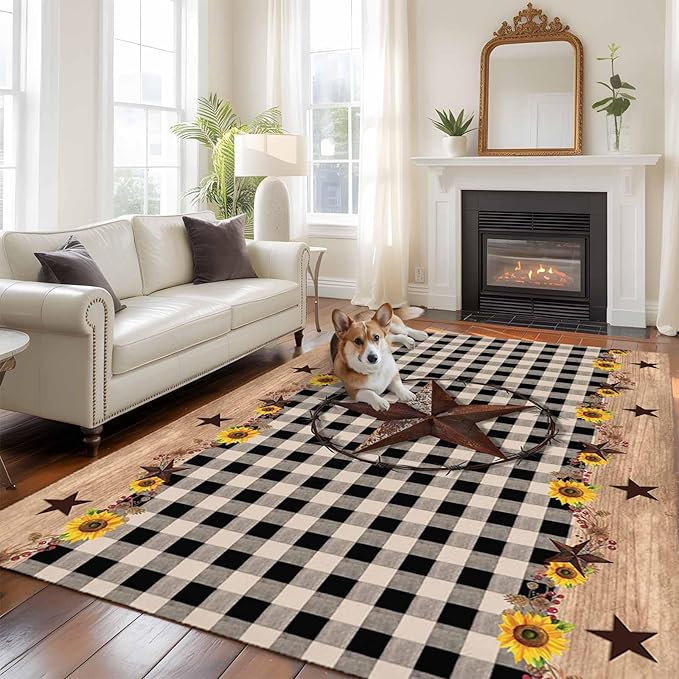 Area Rug 6x9ft, Western Star Farm Sunflower Washable Rugs for Living Room Bedroom, Vintage Wood Grain Black Buffalo Plaid Soft Non-Slip Area Rugs Rectangle Floor Carpet for Dining Room