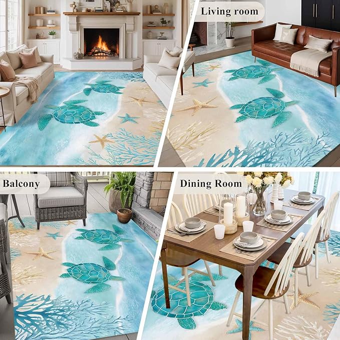 Area Rug 6x9ft, Sea Turtle Starfish Coral Washable Rugs for Living Room Bedroom, Summer Seaside Ocean Life Soft Non-Slip Area Rugs Rectangle Floor Carpet for Dining Room