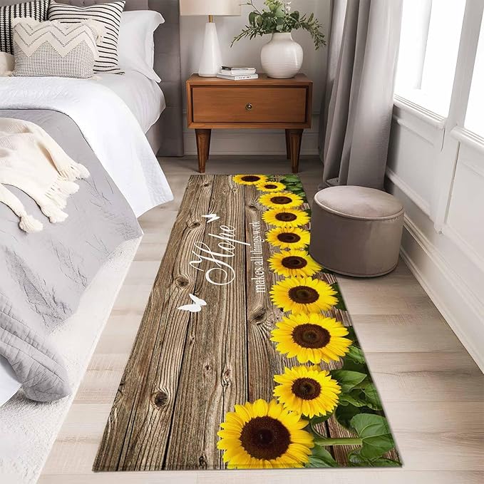 Runner Rug for Bedroom Hallway, Farm Sunflower Positive Energy Quote Kitchen Runner Rugs Area Rug 2x6ft, Retro Dark Brown Wood Grain Washable Soft Floor Carpet for Entryway Stair